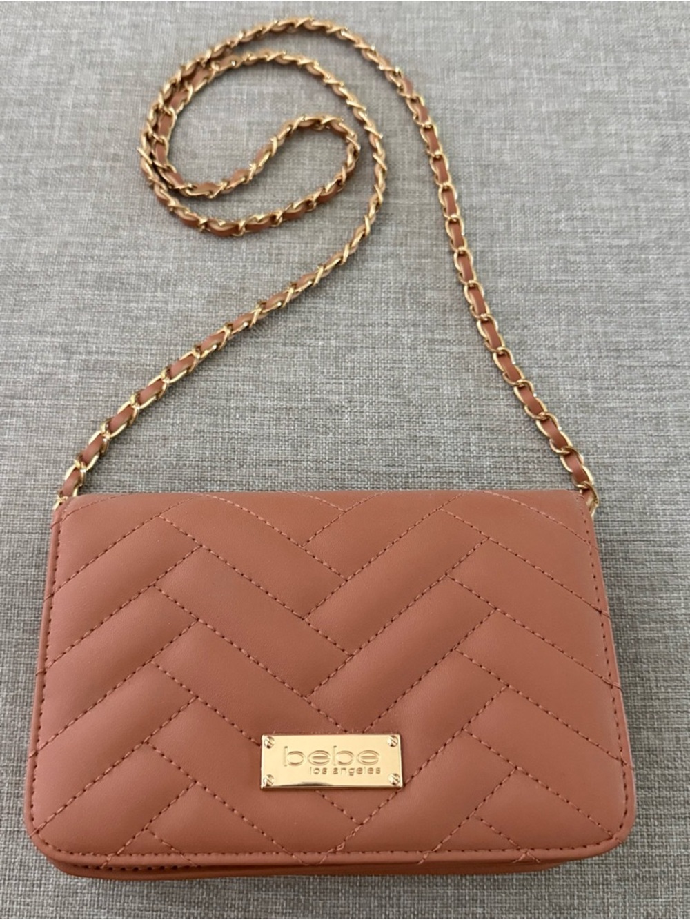 bebe Quilted Crossbody Bag in Brown with Gold Chain